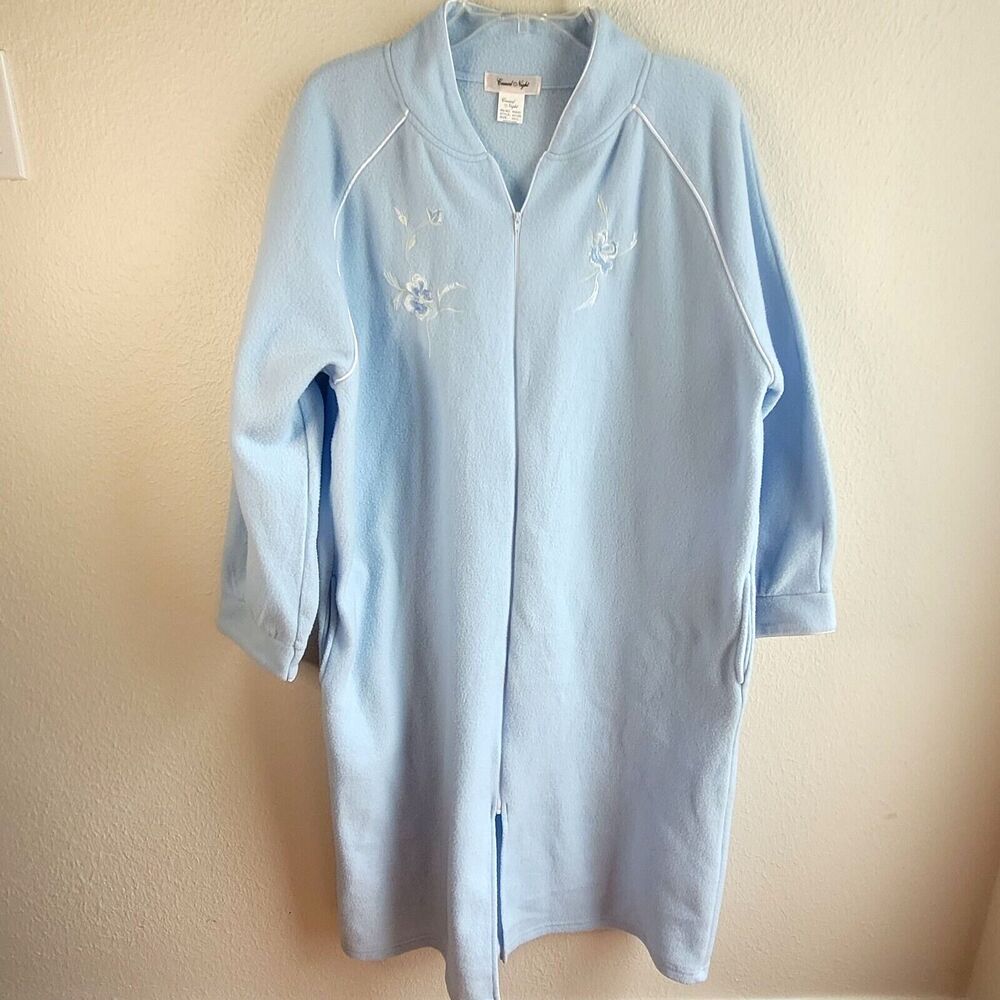 Casual Night Robe 2XL Blue Embroidery Floral Zipper Yoke Pockets Housecoat Soft